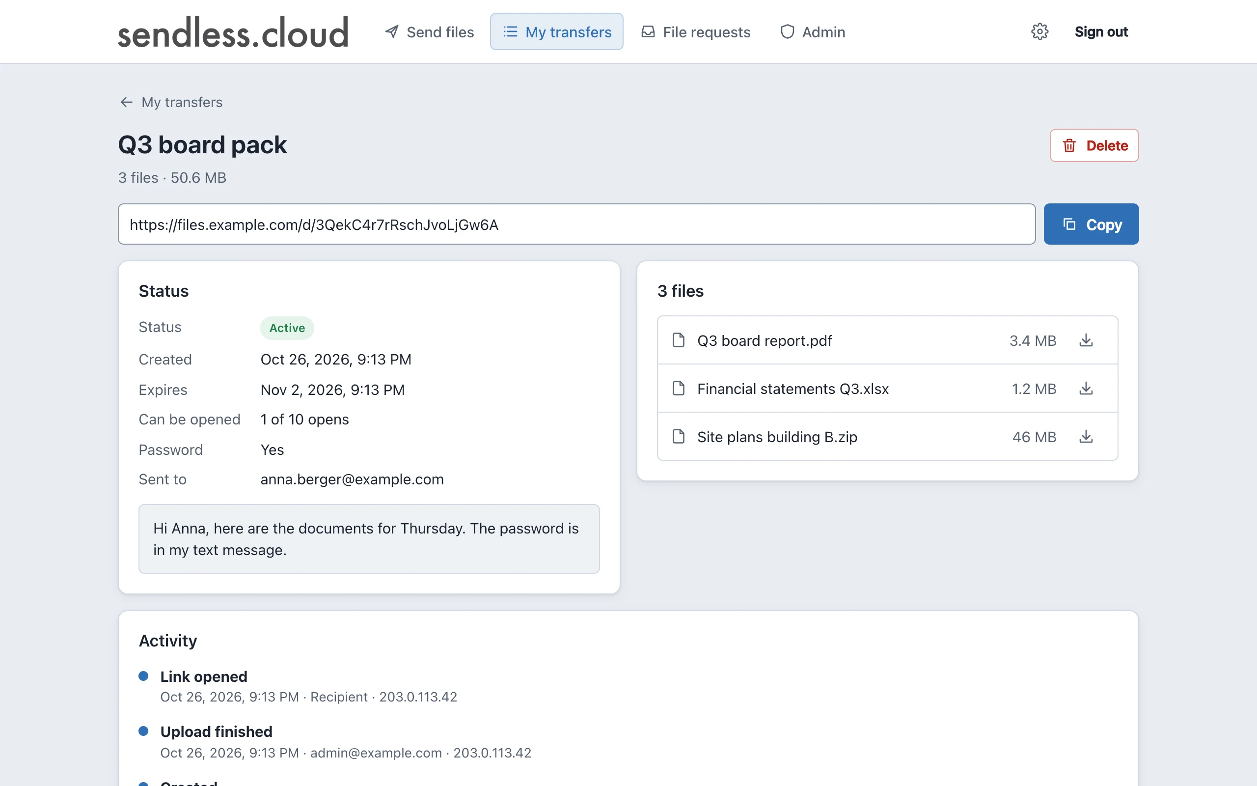 A transfer's page for the sender: status, expiry, opens used, the files and an activity log showing when the link was opened.
