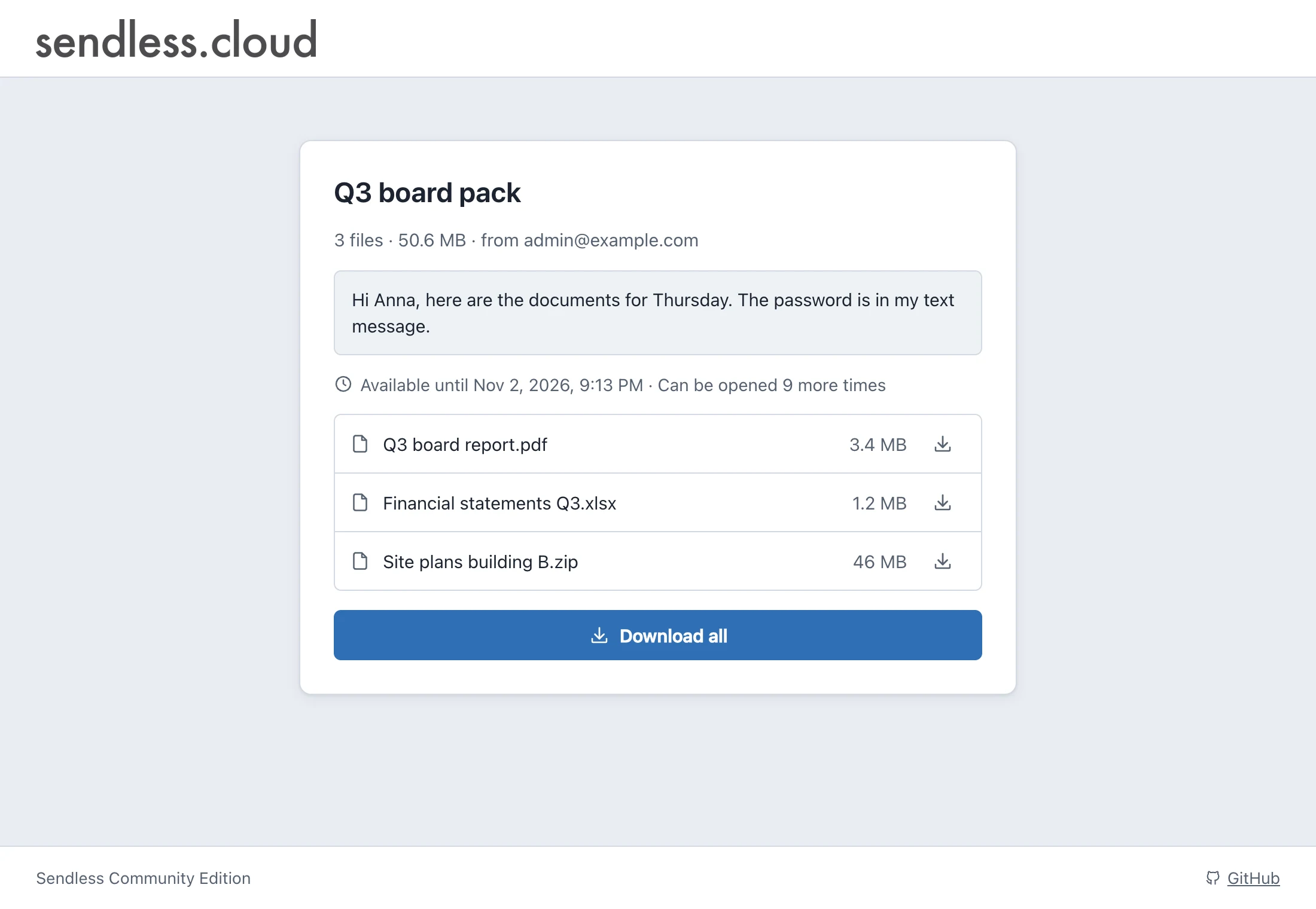 What a recipient sees after entering the password: the message, the expiry date and the files, each with a download button.