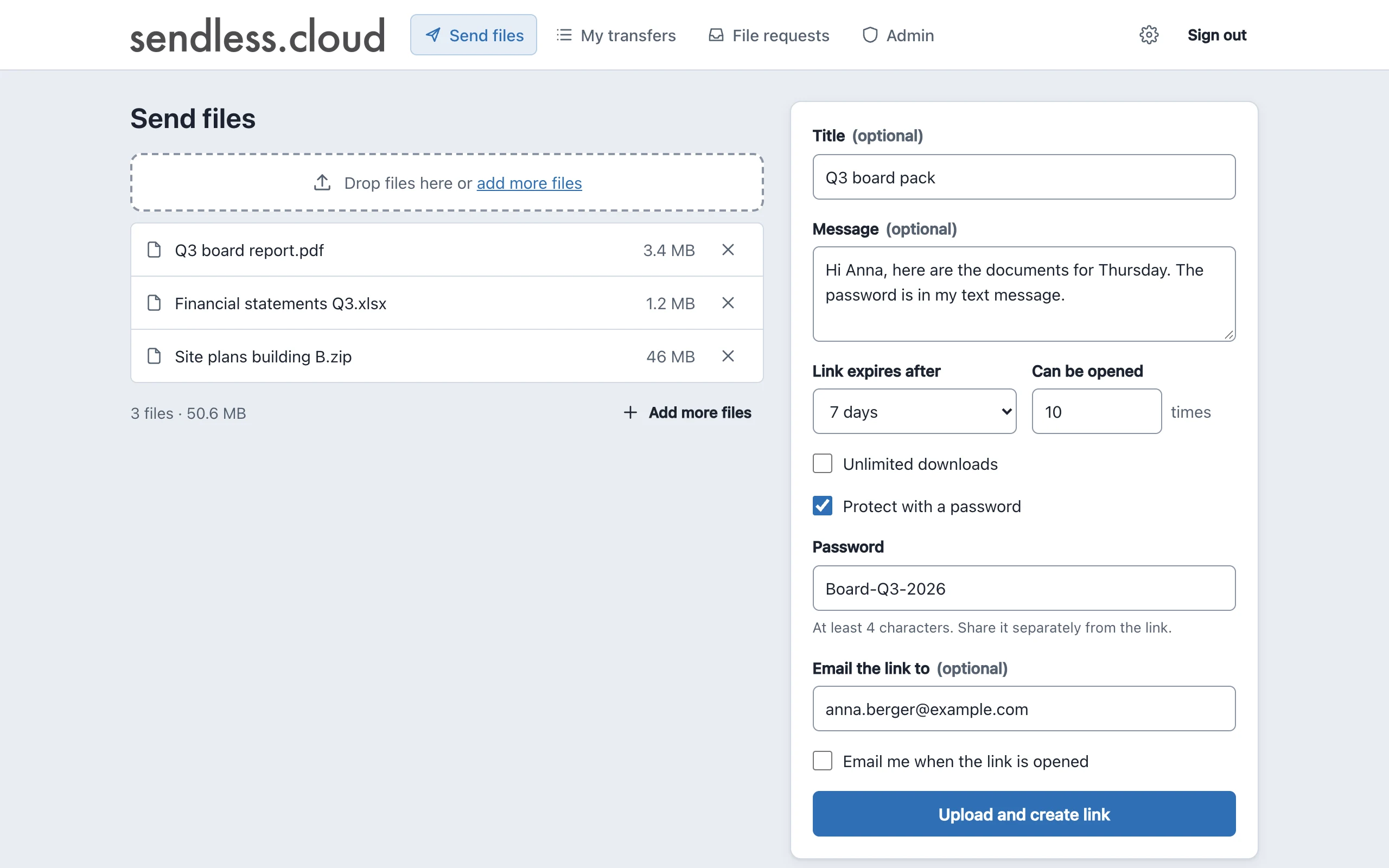 The Sendless send page: three files ready to upload, with a title, a message, a 7-day expiry, a limit of 10 opens and a password.